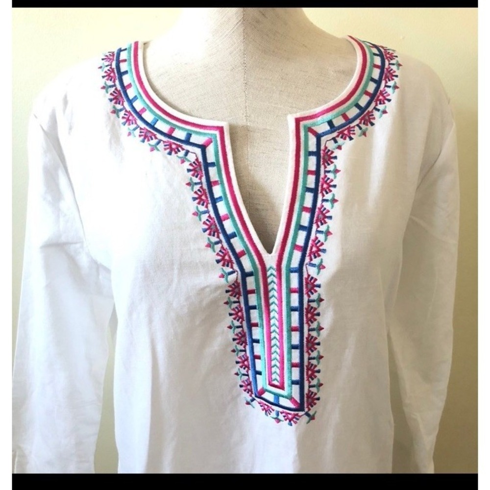 Pappagallo‎ White Embroidered Womens Tunic Top  Medium Linen 3/4 Sleeve New* - Picture 3 of 13